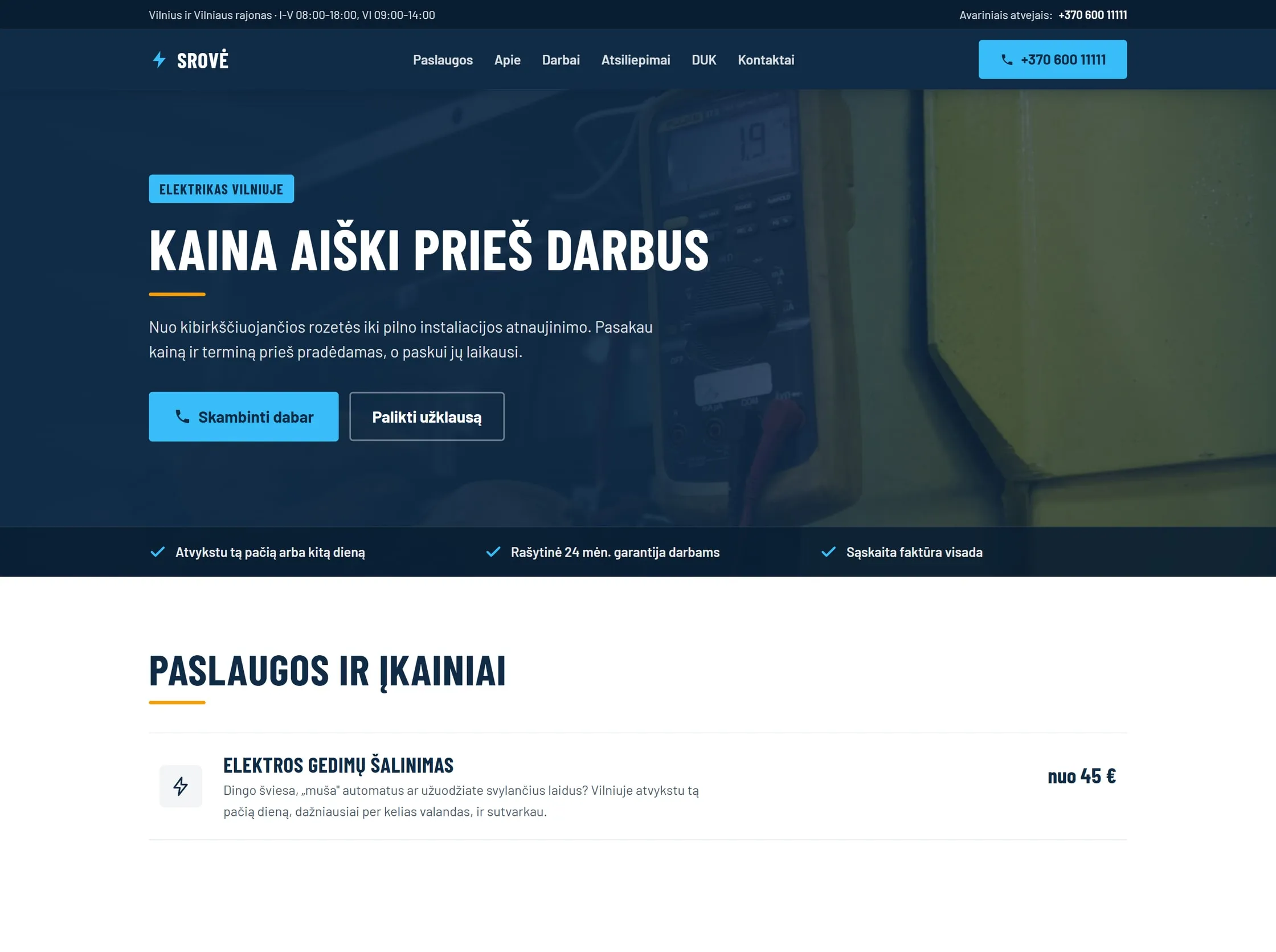 Demonstracinis pavyzdys: elektriko svetainės kadras naršyklės lange, su antrašte ir mygtuku skambinti.
