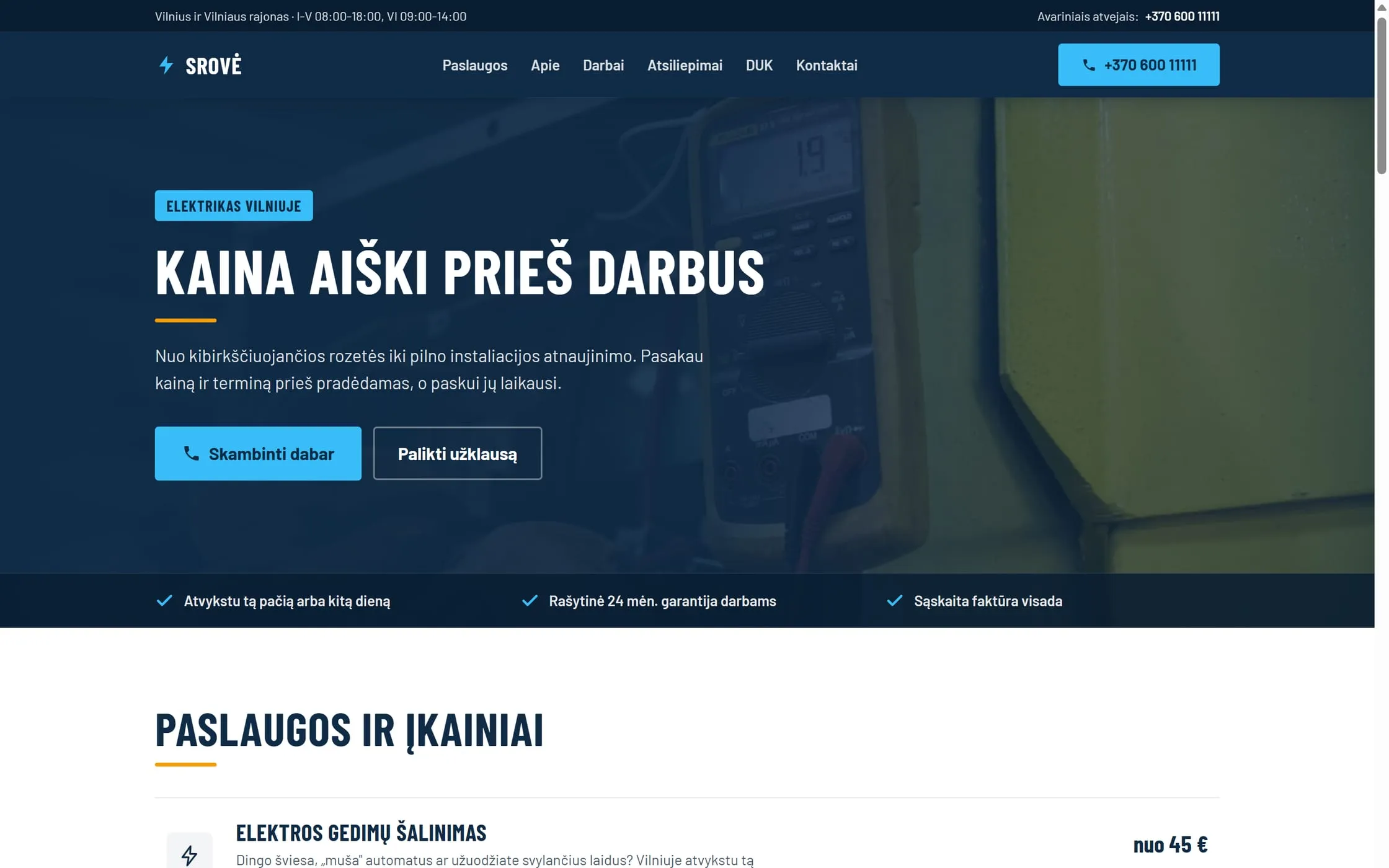 Demonstracinės elektriko svetainės kadras kompiuteryje: antraštė „Kaina aiški prieš darbus" ir mygtukas „Skambinti dabar".