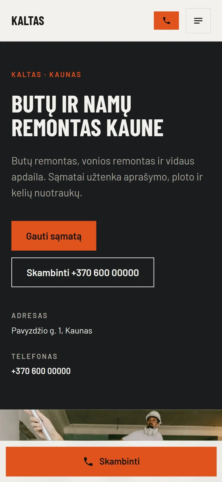 Ta pati remonto įmonės svetainė telefone su mygtuku „Gauti sąmatą" ir dideliu mygtuku „Skambinti" apačioje.